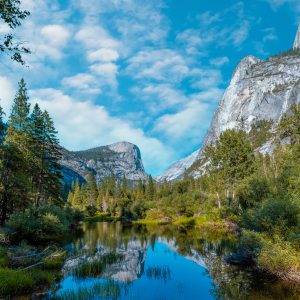 Reflections in the water of the Yosemite Mountains in Mirror lake, Yosemite. California, United States